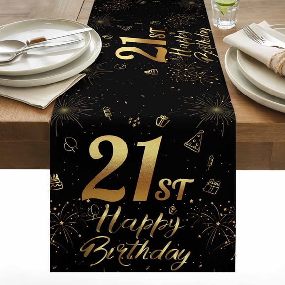 21st Happy Table Runner 13x48 inch Birthday Gold Cake Gift Black Cotton Linen Dining Table Runner Ideal for Dresser Kitchen Coffee Tables - Machine Washable