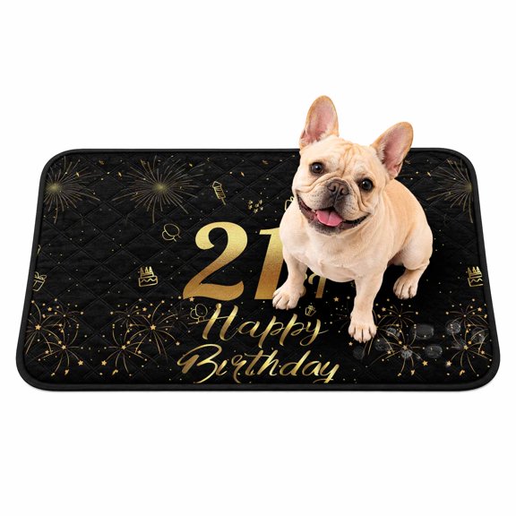 21st Happy Washable Pee Pads for Dogs, Birthday Gold Cake Gift Black Reusable Puppy Pads Waterproof Pet Mat, Absorbent Dog Pee Pads for Crate Pet Training Whelping Playpen Mats 40"x30"