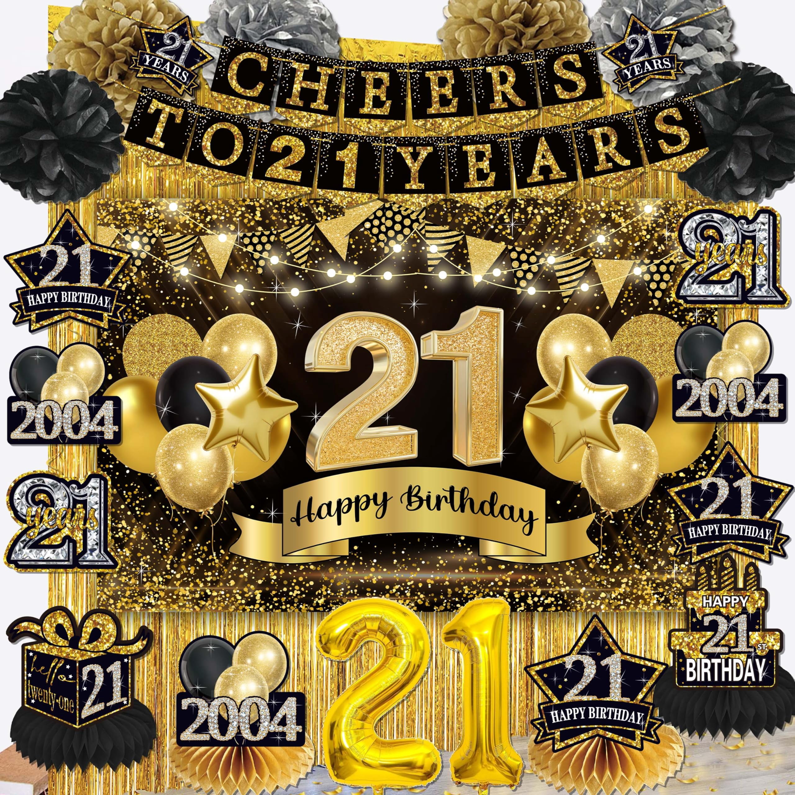 21st birthday decorationsTRDN for him her,black gold cheers to years ...