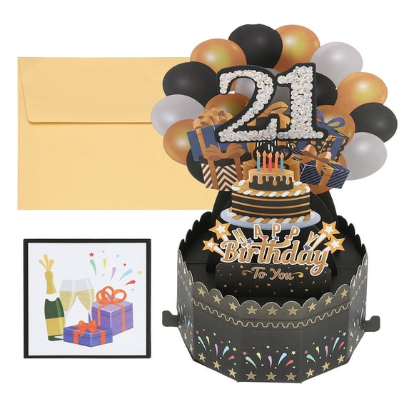 21th Birthday Card, Pop-Out Birthday Card Happy Birthday with Greeting Card and Envelope for Boy Women, Black Gold