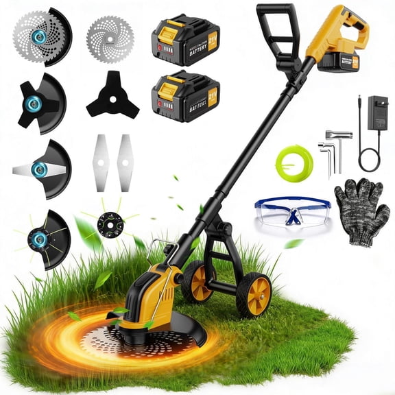 21v 800w Brushless Cordless Weed Wacker 12 Inch Electric Eater With Wheels 2*3000mah Included & 4 For Lawn Garden Yard Maintenance