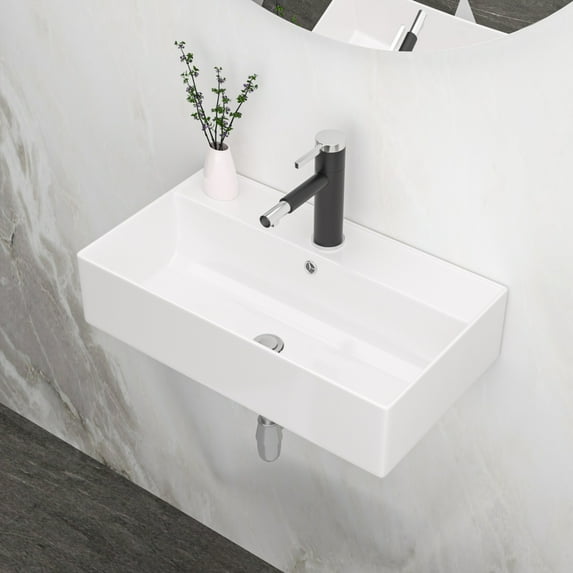 21x12 Inch White Ceramic Rectangular Wall Mount Floating Bathroom Sink with Single Faucet Hole and Overflow , Modern Ceramic Countertop Sink for Small Bathroom, Laundry Room, White