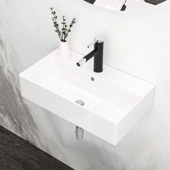 21x12 Inch White Ceramic Wall Mount Bathroom Sink with Faucet Hole for Convenient Installation