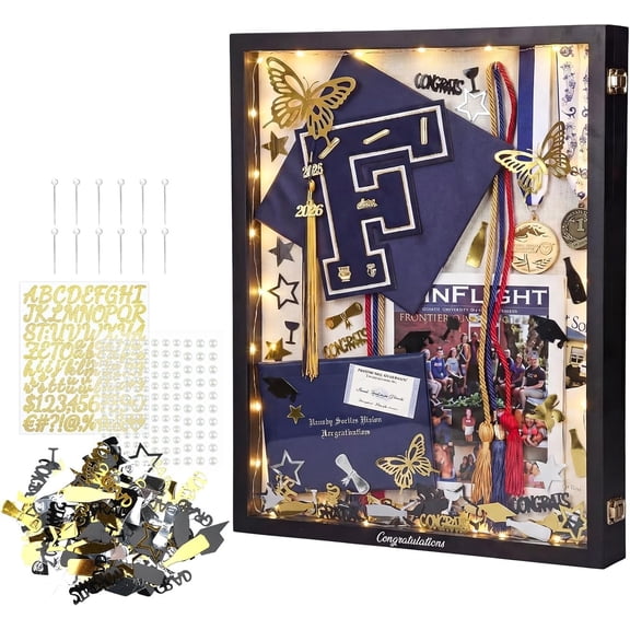 21x17 Large Graduation Shadow Box Frame for Cap and Gown Class of 2026 Shadow Boxes Display Cases with LED Lights  Butterfly Letter  Stickers Grad Confetti for Diploma Stole Cords