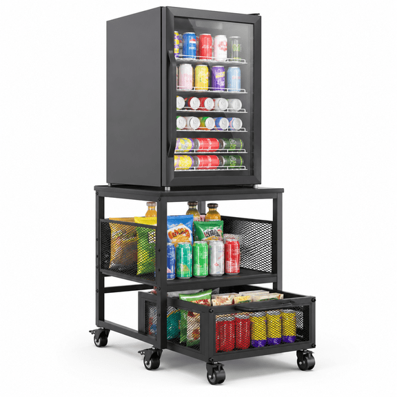 21x21 Inch Mini Fridge Stand, Black Heavy Duty Cart with Lockable Wheels for Home Office Dorm