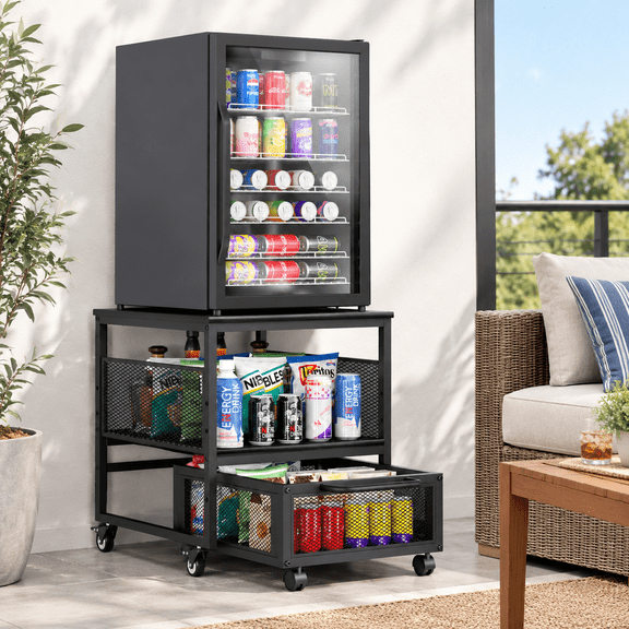 21x21 Inch Mini Fridge Stand with Storage, Black Heavy Duty Cart with Lockable Wheels for Home, Office, Dorm