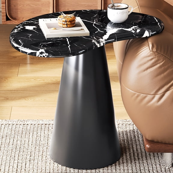 22.04" Side Table with Black Granite Top, Tapered Pedestal Base, Ergonomic Curve Design, Waterproof, Easy to Clean, Ideal for Living Room, Bedroom or Balcony
