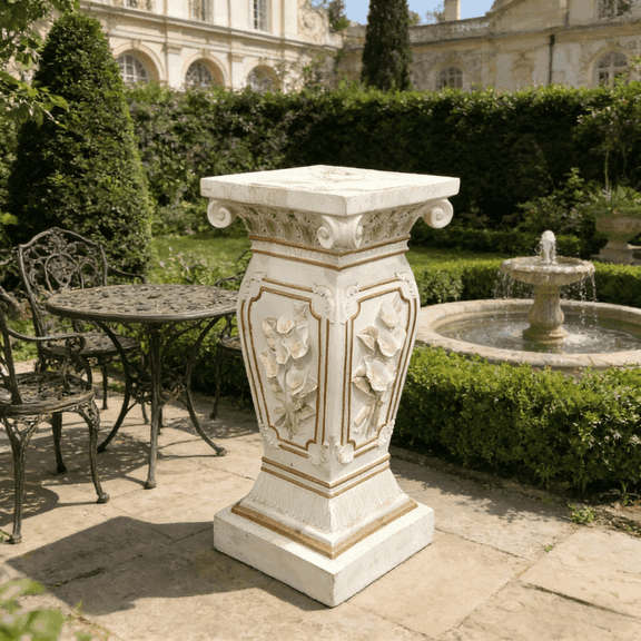 22.05"H x 9.06"W European Floral Carved Roman Column Pedestal Resin White Decor