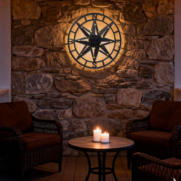 22.05 Inch Compass Star Metal Wall Decor with Solar LED Lights,Nautical Accent for Patio, Garden & Indoor Spaces