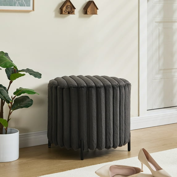22.05" Wide Upholstered Round Pouf Ottoman Foot Rest with Black Metal Legs Faux Fur Footstool for Living Room, Bedroom, and Entryway. Lightweight Comfort, Modern Design, & Versatile Usage