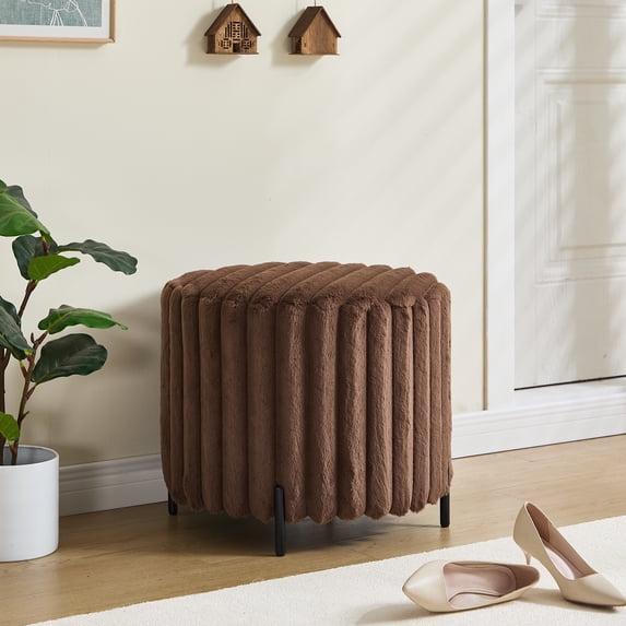 22.05"Wide Upholstered Round Pouf Ottoman Foot Rest with Black Metal Legs,Faux Fur Footstool for Living Room Bedroom Entryway. Brown