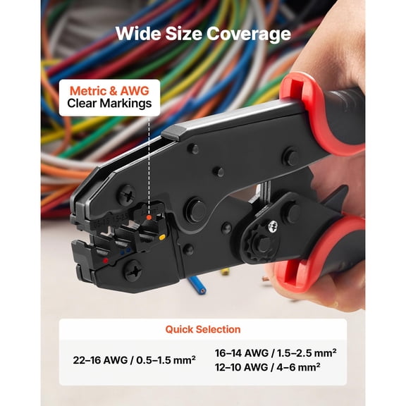22-10 AWG Ratcheting Crimping Tool Labor-Saving Electrical Terminal Crimp Pliers with Clear Metric and AWG Markings Quick Release Adjustable Force for Multiple Terminals