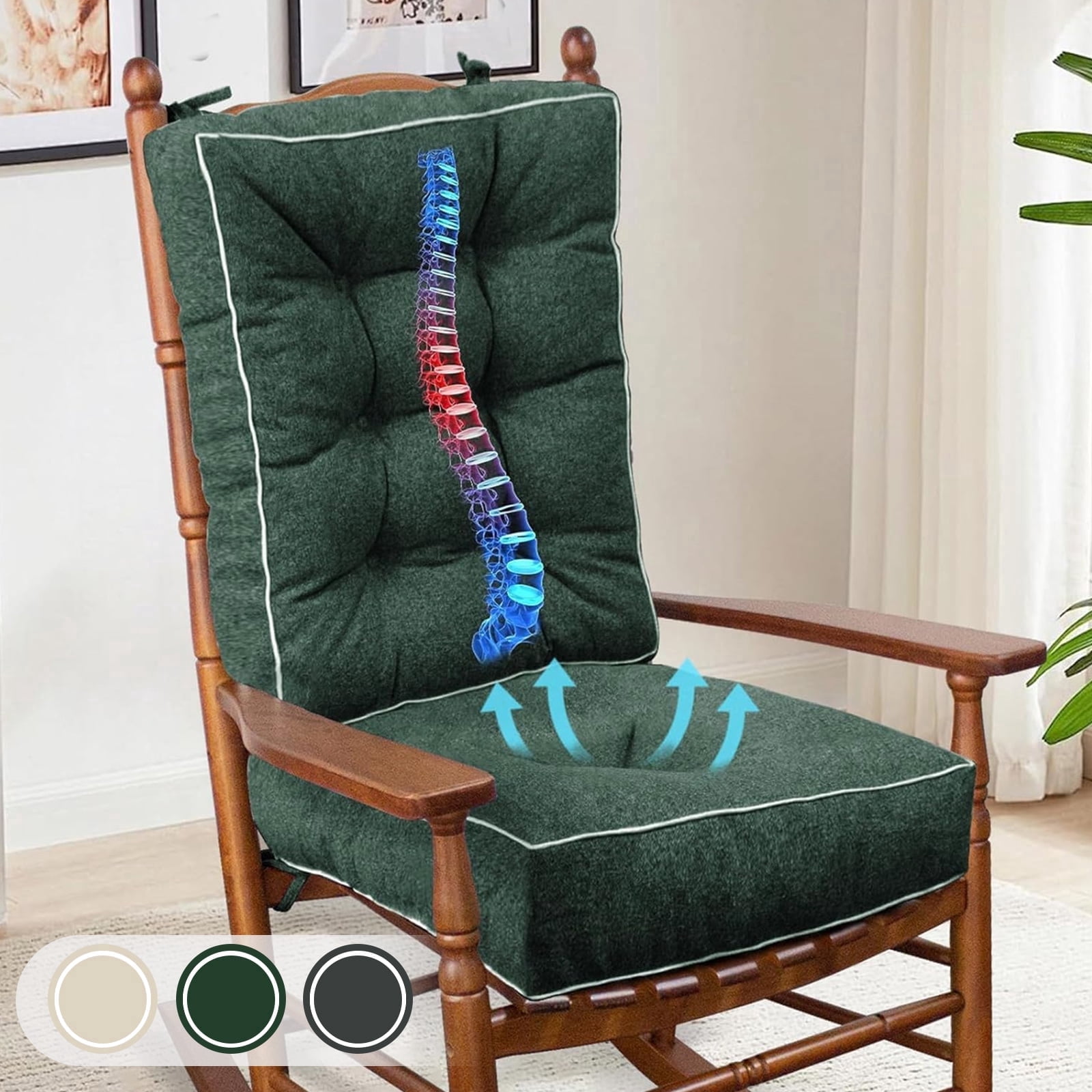 Parojati 22*17*5 Rocking Chair Cushion, Set of Thicken Seat & Back Chair Cushions with Memory Foam, Non-Slip Chair Pad with Ties for Indoor&Outdoor Rocker Dark Green