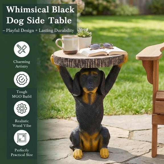 22.17H Black Dog Side Table Pedestal End Table Stool, MGO Hand Painted Sculpture for Outdoor Patio Living Room Decor, Space Saving Nightstand with Faux Wood Tabletop