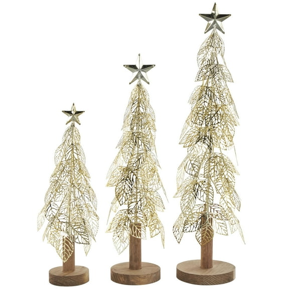 22", 18", 14"H Gold Metal Holiday Cutout Leaf Tree Christmas Sculpture with Wooden Base and Star Topper, by DecMode (3 Count)