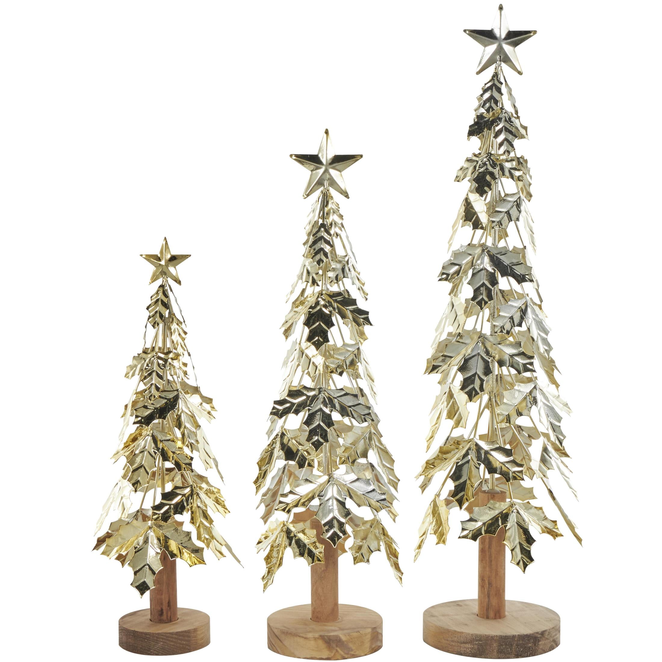 22", 18", 14"H Gold Metal Holiday Holly Leaf Tree Christmas Sculpture with Wooden Base and Star Topper, by DecMode (3 Count)