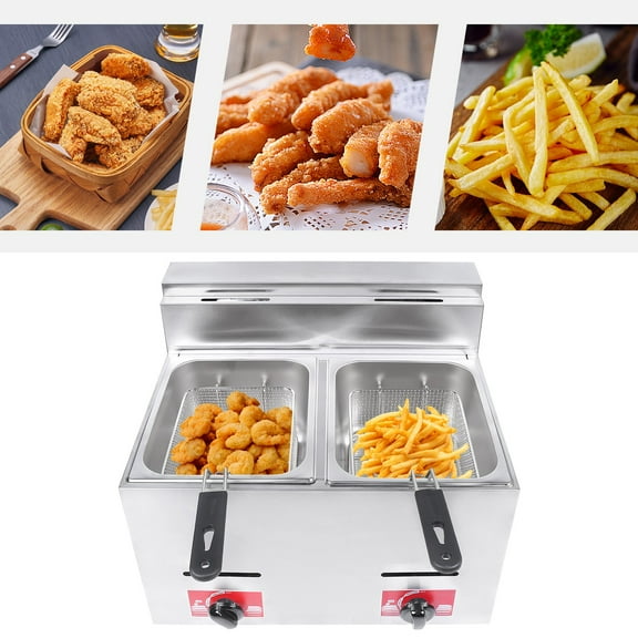 22*18.5 Countertop Gas Fryer Commercial Propane Deep Fryer 12L W/ 2Baskets LPG + 2 Lids for Frying Chips