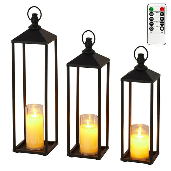 22" 19" 17"  Lanterns Decorative,Large 2 Pack Lanterns Decorative for Outdoor Indoor,Black Metal Candle Lanterns Christmas Lanterns Modern Farmhouse Floor Lanterns Decorative for Home Decor