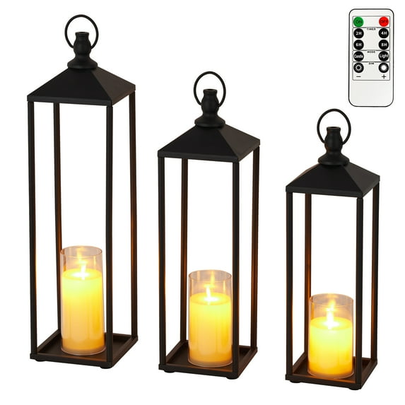 22" 19" 17" Lanterns Decorative,Large 2 Pack Lanterns Decorative for Outdoor Indoor,Black Metal Candle Lanterns Christmas Lanterns Modern Farmhouse Floor Lanterns Decorative for Home Decor