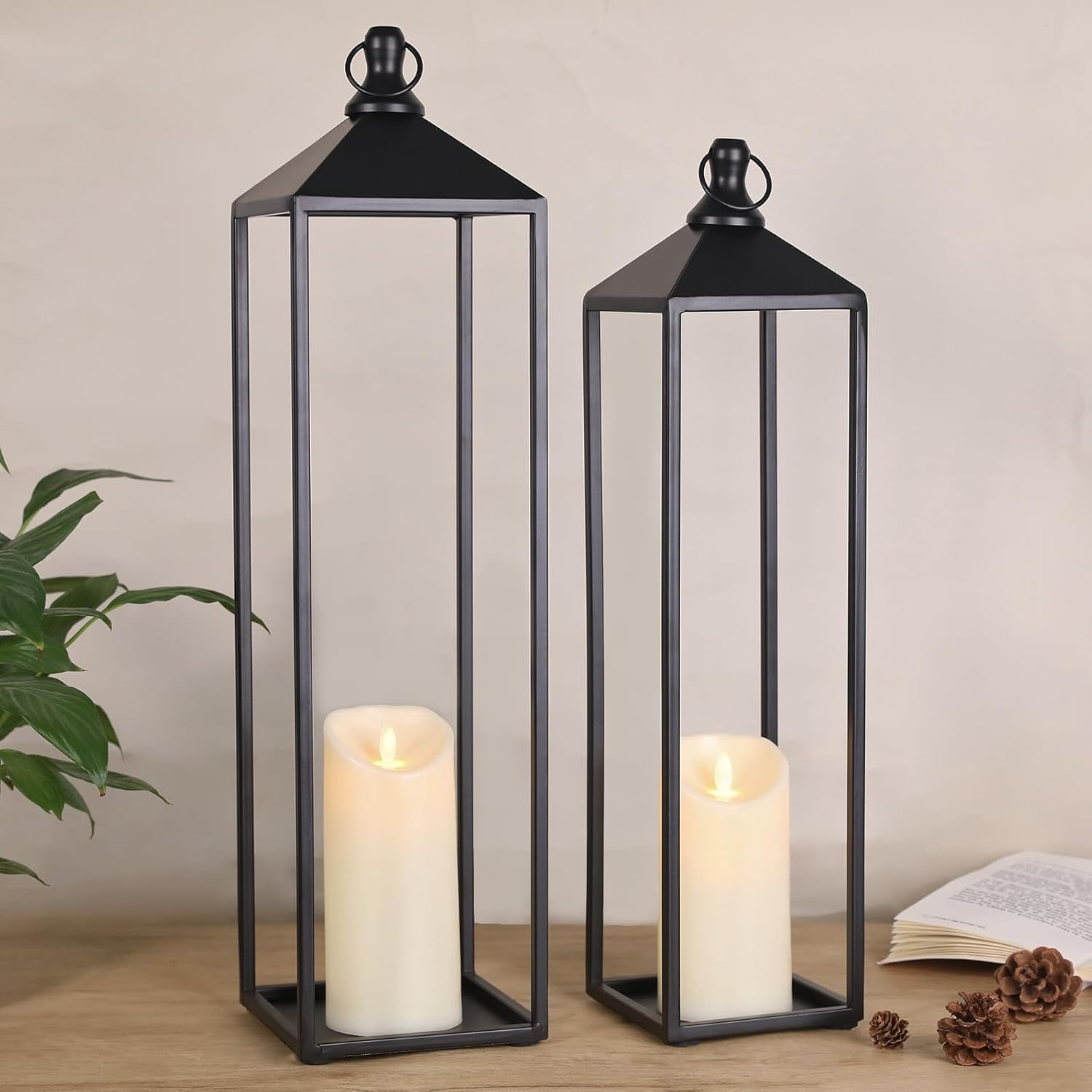 NUPTIO Lanterne Per Candele Da Esterno Nero - Set Da 3 (33/26/20cm) - Lanterne Decorative In Metallo E Vetro Per Matrimonio, Natale, Centrotavola, Giardino - 2