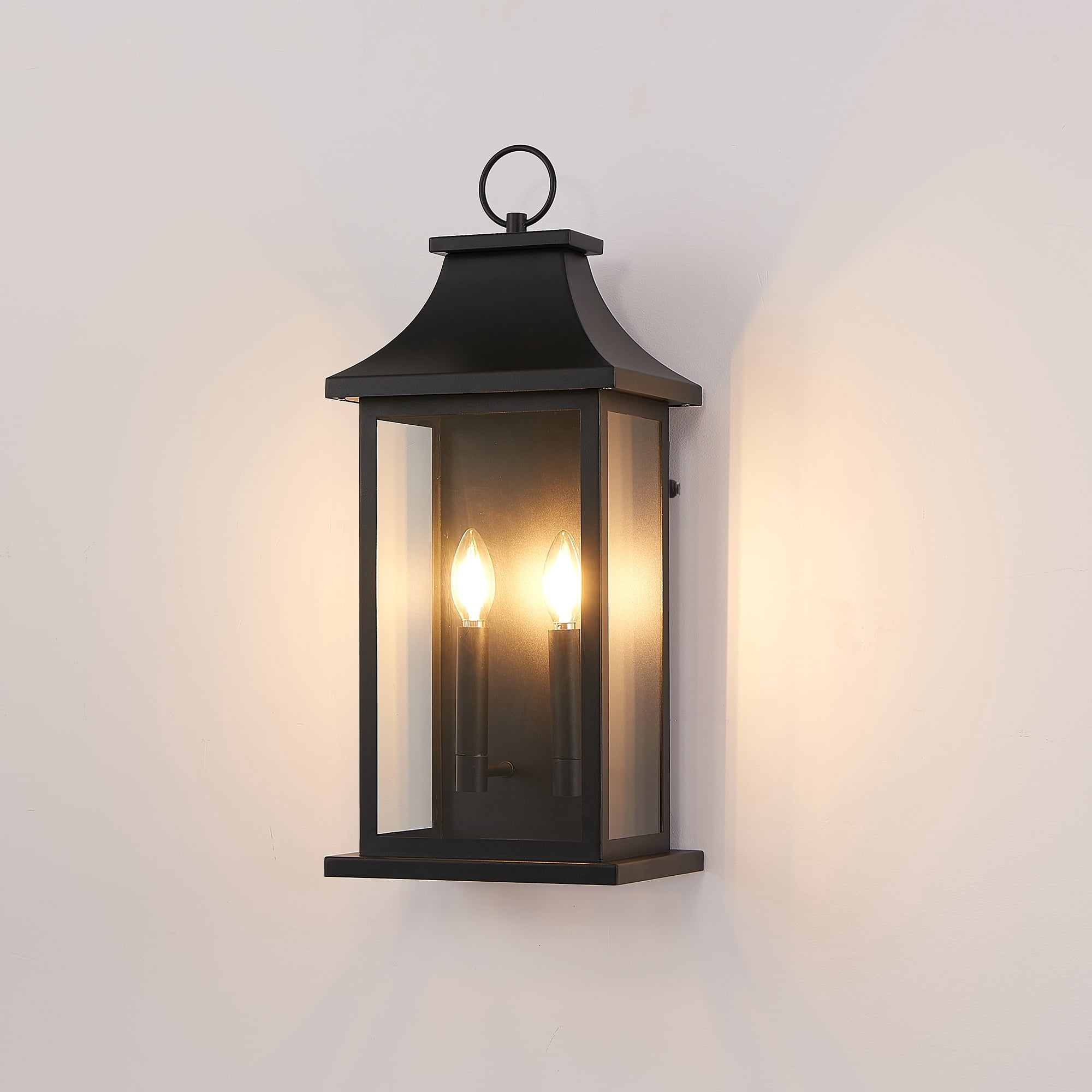 22.2-Inch Dusk to Dawn Outdoor Wall Lantern with 2 Lights and Glass, Modern Exterior Sconce for House and Porch, Black