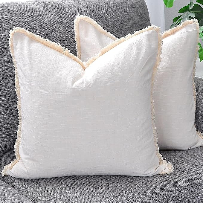 22×22 Cream White Decorative Fringe Organic Cotton Throw Pillow Covers Boho Farmhouse Cushion Cover with Tassels Linen Like Textured Accent Pillowcases for Bed Couch Chair Sofa Living Room Set of 2