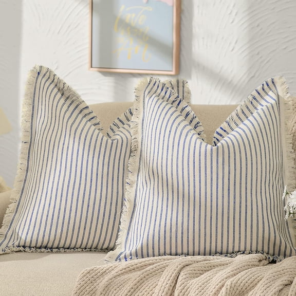 2222 Throw Pillow Covers Blue Striped Pillow Covers with Fringe Chic Cotton Decorative Pillows Square Cushion Covers for Sofa Couch Bed Living Room Farmhouse Decor