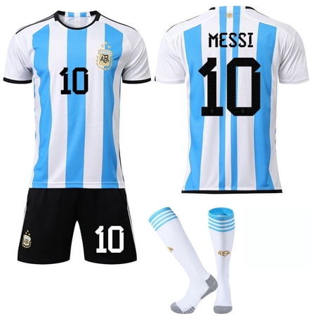 22/23 World Cup Argentina Soccer Jersey, #10 Number Printed on Argentina Short Sleeve Soccer Jersey 3-Piece Set, Blue and White Alternating Argentina Soccer Jersey for Children.