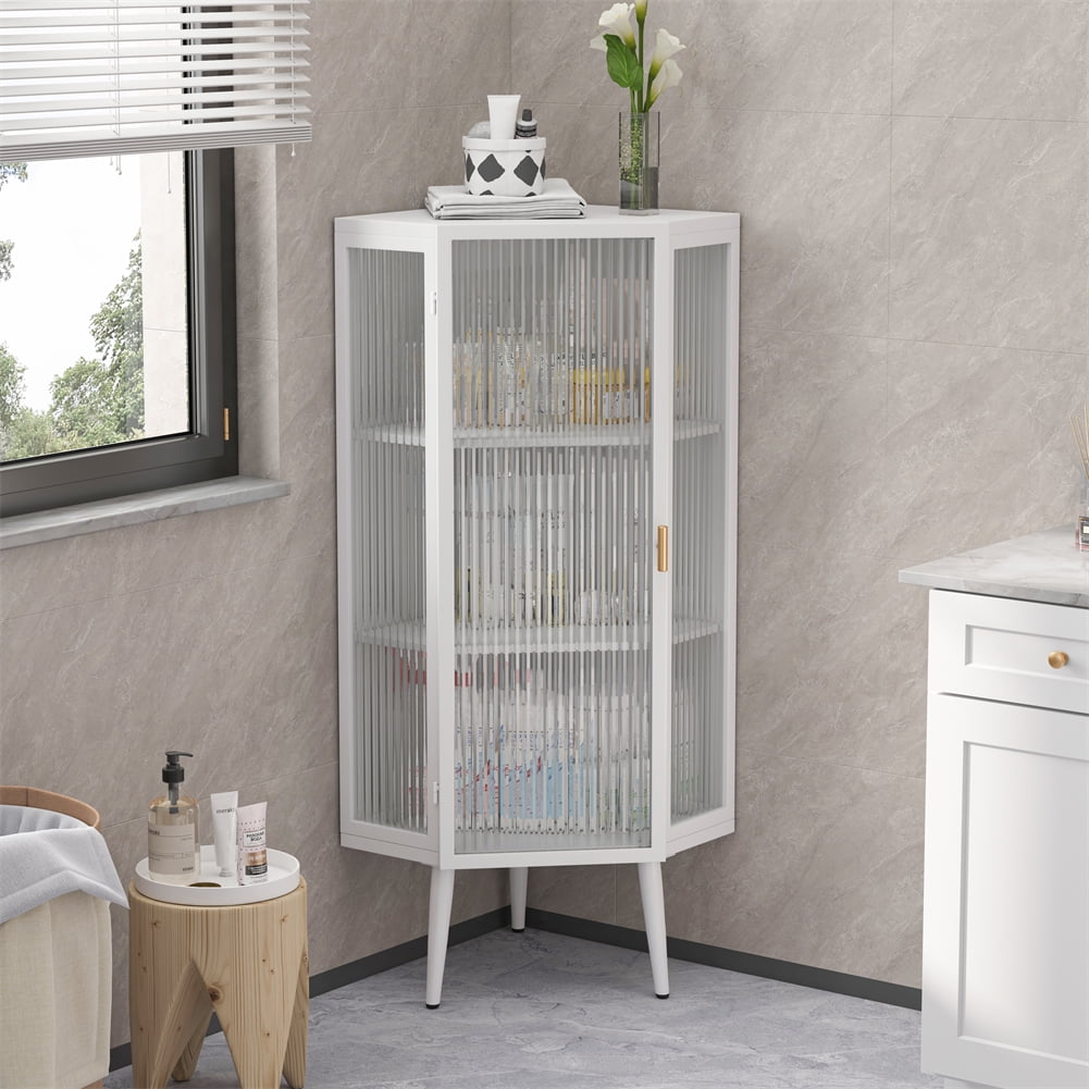 22.25" Modern Corner Storage Cabinet, Floor Corner Cabinet with Tempered Glass Door & Shelves, Freestanding Corner Table Sideboard Cabinet for Bathroom Kitchen Living Room