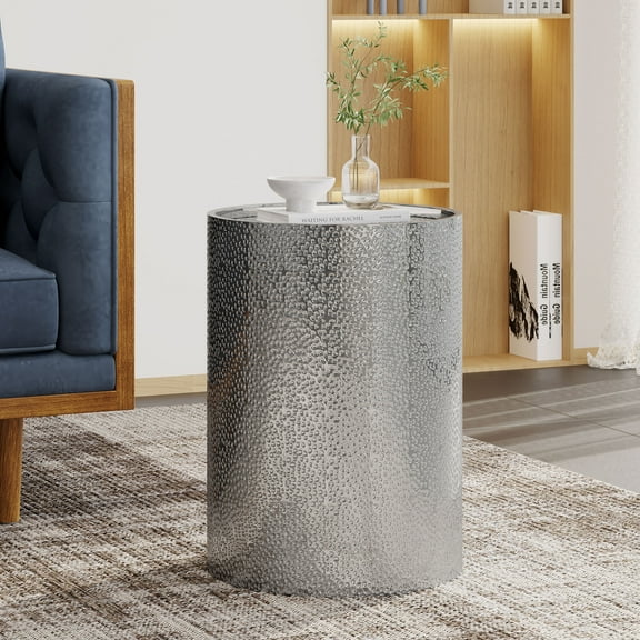 22.25" Silver Contemporary Hammered Cylindrical Accent Table