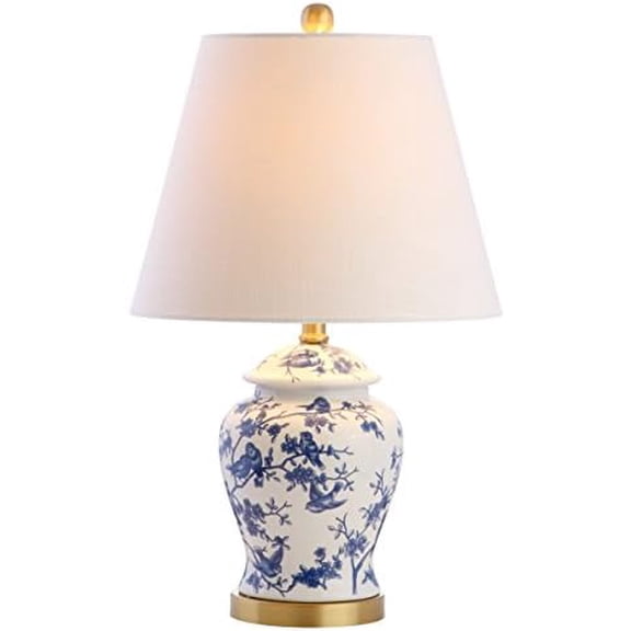 22" Blue/White Ceramic Table Lamp, French Country Chinoiserie Ginger Jar LED Bedside Lamp for Living Room Bedroom, White Linen Shade, JYL3005A