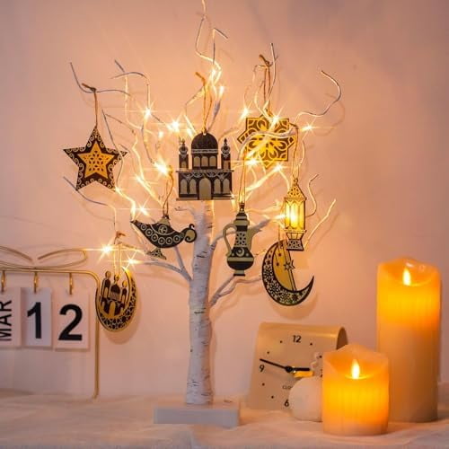 22" Ramadan Tree Decorations Lights, Birch Twig Tree with 24 LEDs Battery Operated, Mubarak Ramadan Decorations for Home Table Party (Timer, USB)