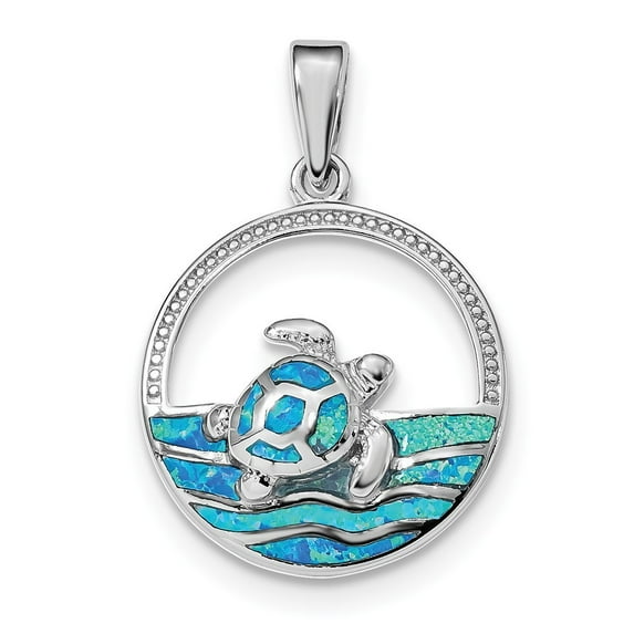 22.3mm Sterling Silver Rhodium-plated Blue Inlay Simulated Opal Turtle Pendant