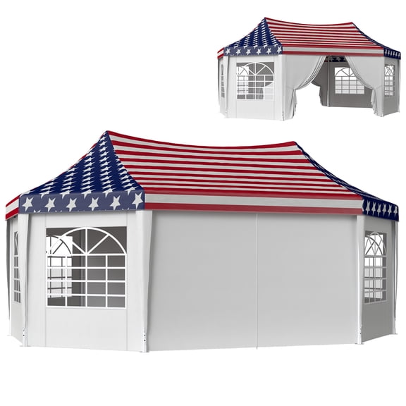 22.3x16.4 ft Heavy Duty Party Tent with 2 Doors, 6 Windows, PA-Coated Polyester, Steel Frame, American Flag