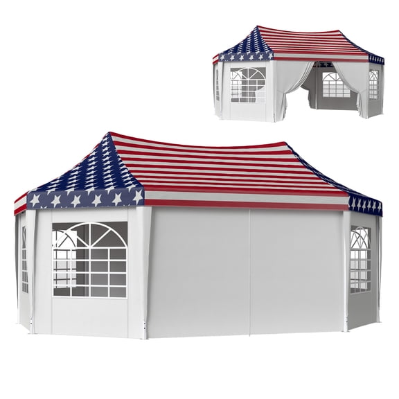 22.3x16.4ft Party Tent, Outdoor Canopy Tent with Doors & Windows - American Flag