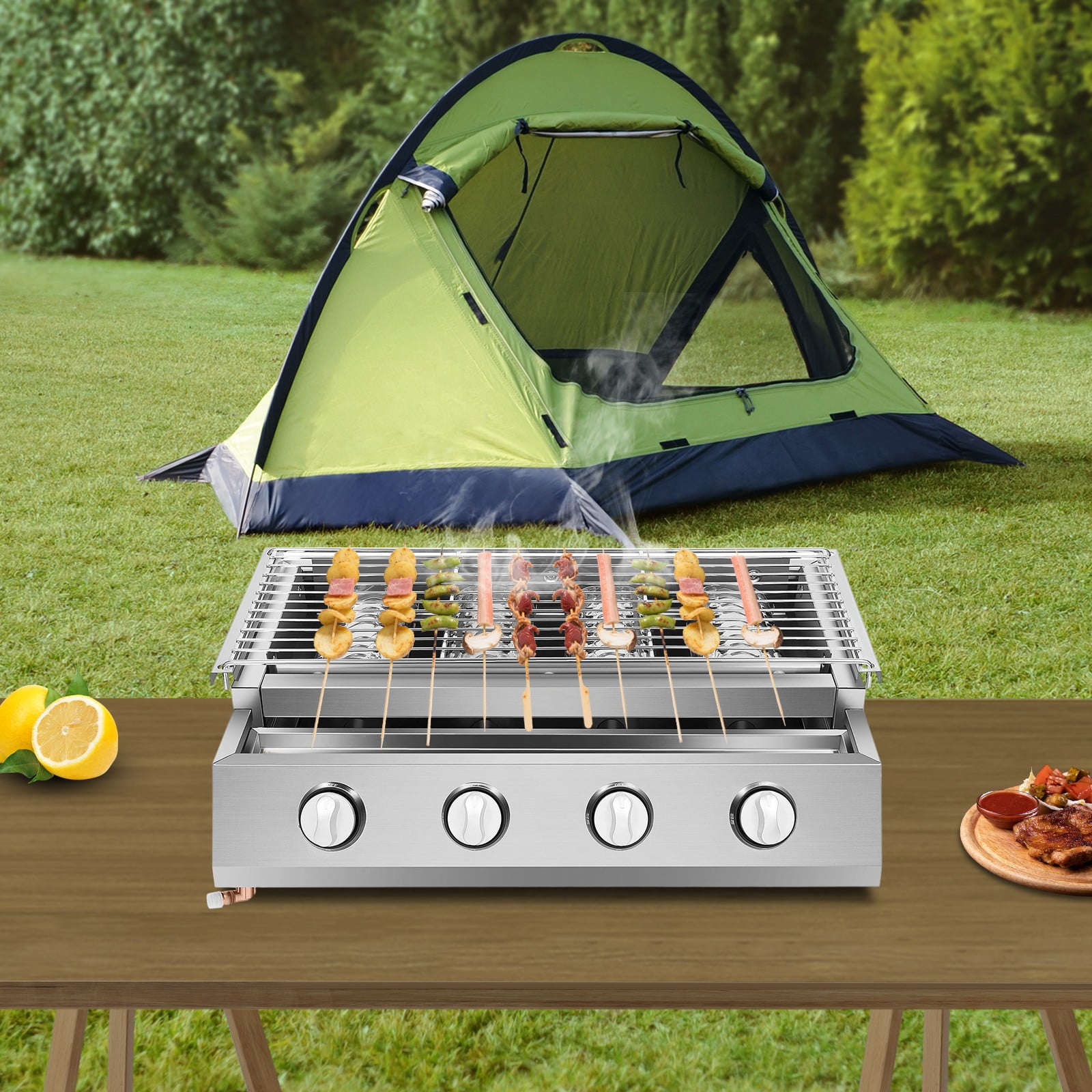 22.4*15.4*6.9 Freestanding Silver Stainless Steel Commercial Gas BBQ Grill With Steel Grilling Mesh 4 Burners