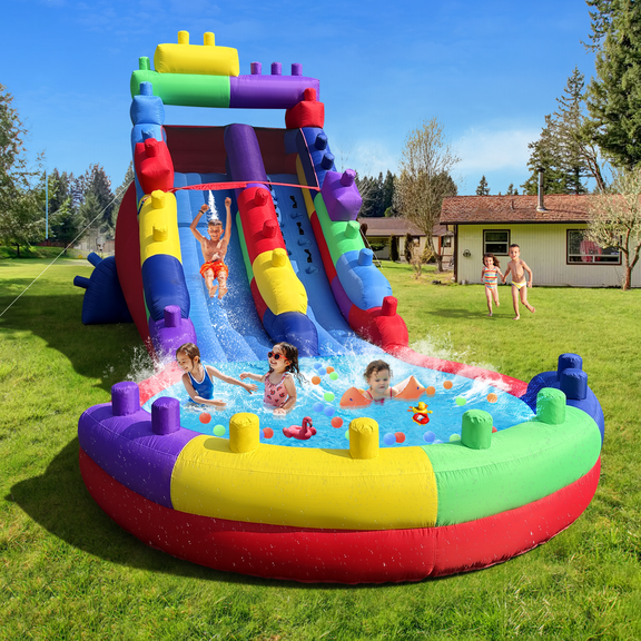 22.4' Block Party Inflatable Water Slide with Splash Pool , Outdoor Backyard Playset For Kids Birthday Party Summer Outdoor Fun(with Blower)