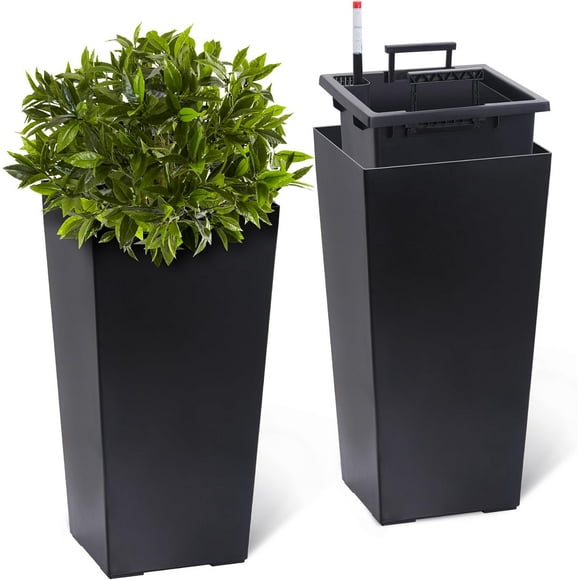 22.4" Tall Black Taper Planter Set of 2 – Indoor & Outdoor Self-Absorbing Resin Plant Pots with Shelf Insert, Black