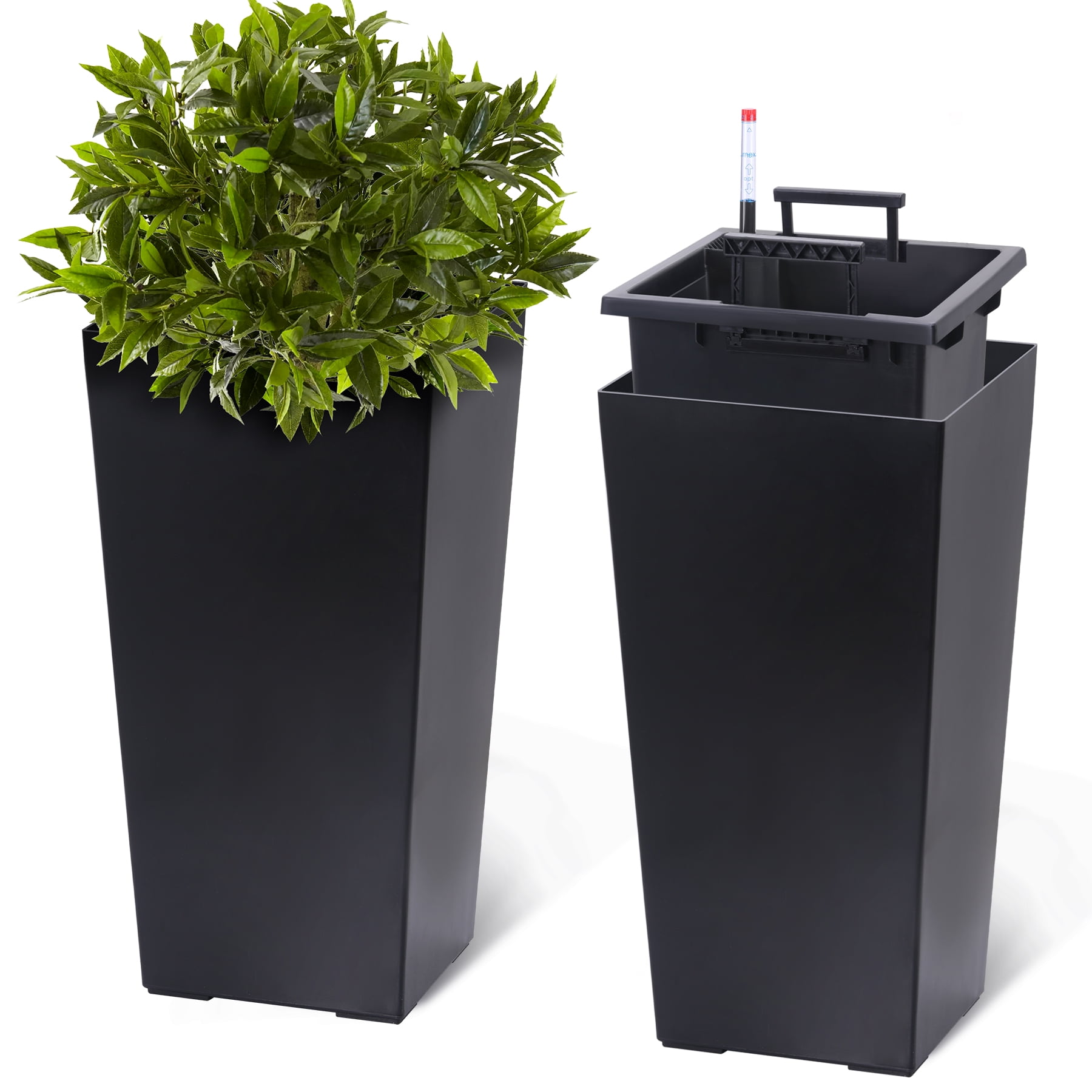 22.4" Tall Planters Set of 2,Outdoor＆Indoor Pots,High Front Porch Planter Pots with Drainage Holes＆Water Level Monitor＆Inner Bucket,Automatic Watering,for Patio,Porch,Living Room or Home Office