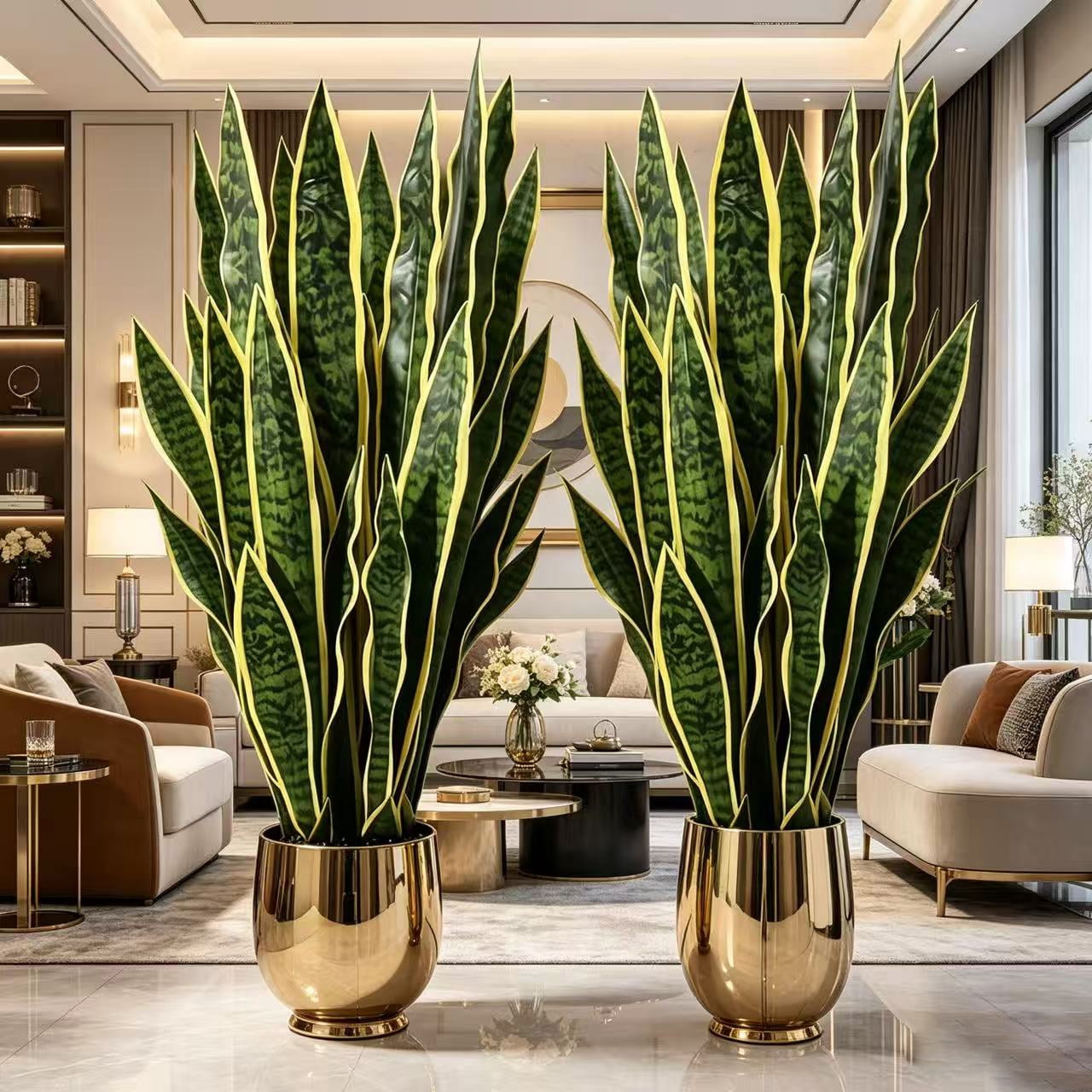 22.44in Artificial Snake Plant, Faux Sansevieria with Golden Edges, UV Resistant Fake Snake Plant for Indoor Outdoor Home Office Living Room Decor, No Pot