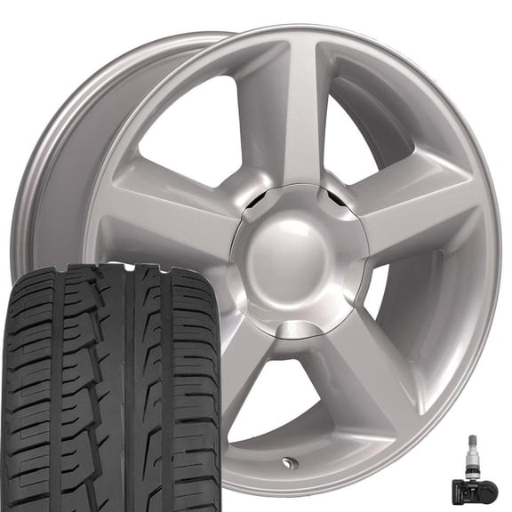 OE Wheels CV83 20 Inch Rims, Tires & TPMS Fit Tahoe Style 6x139.7 20x8.5 Gloss Silver - Hollander 5308 - Ironman iMove Gen 2 275/55-20 (Set of 4)