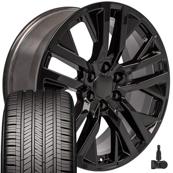 OE Wheels CV38 22 Inch Rims and Tires Fit Sierra 1500 Style 6x139.7 22x9 Gloss Black - Hollander 5903 - Eagle Touring 285/45-22 (Set of 4)