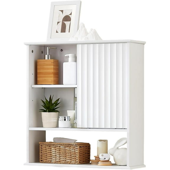 22.5 * 23.5 inch Bathroom Wall Cabinet, Medicine Cabinet Wall Mounted w/Fluted Sliding Door Adjustable Shelf White Storage Cabinet Organizer for Kitchen Dining Room Living Room