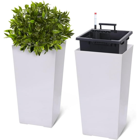 22.5" Tall Planters Set of 2, Outdoor&Indoor Black Planter Pots, High Front Porch Planter Pots with Drainage Holes&Water Level Monitor&Inner Bucket, Automatic Watering, White