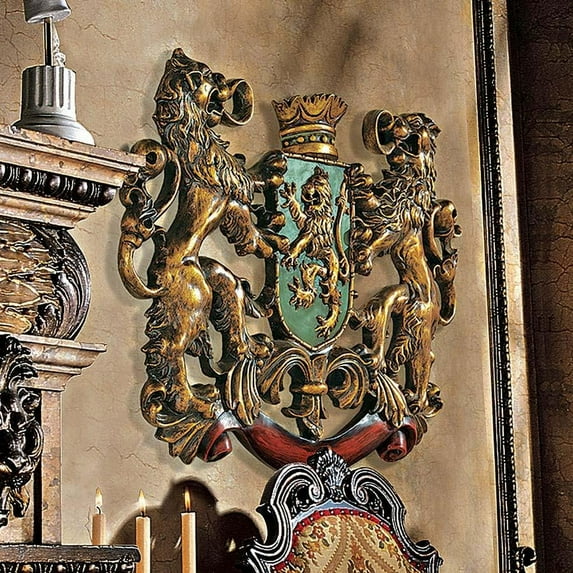 22.5" Ancient European Royal Lions Mythological Beasts Coat of Arms Wall Scul...