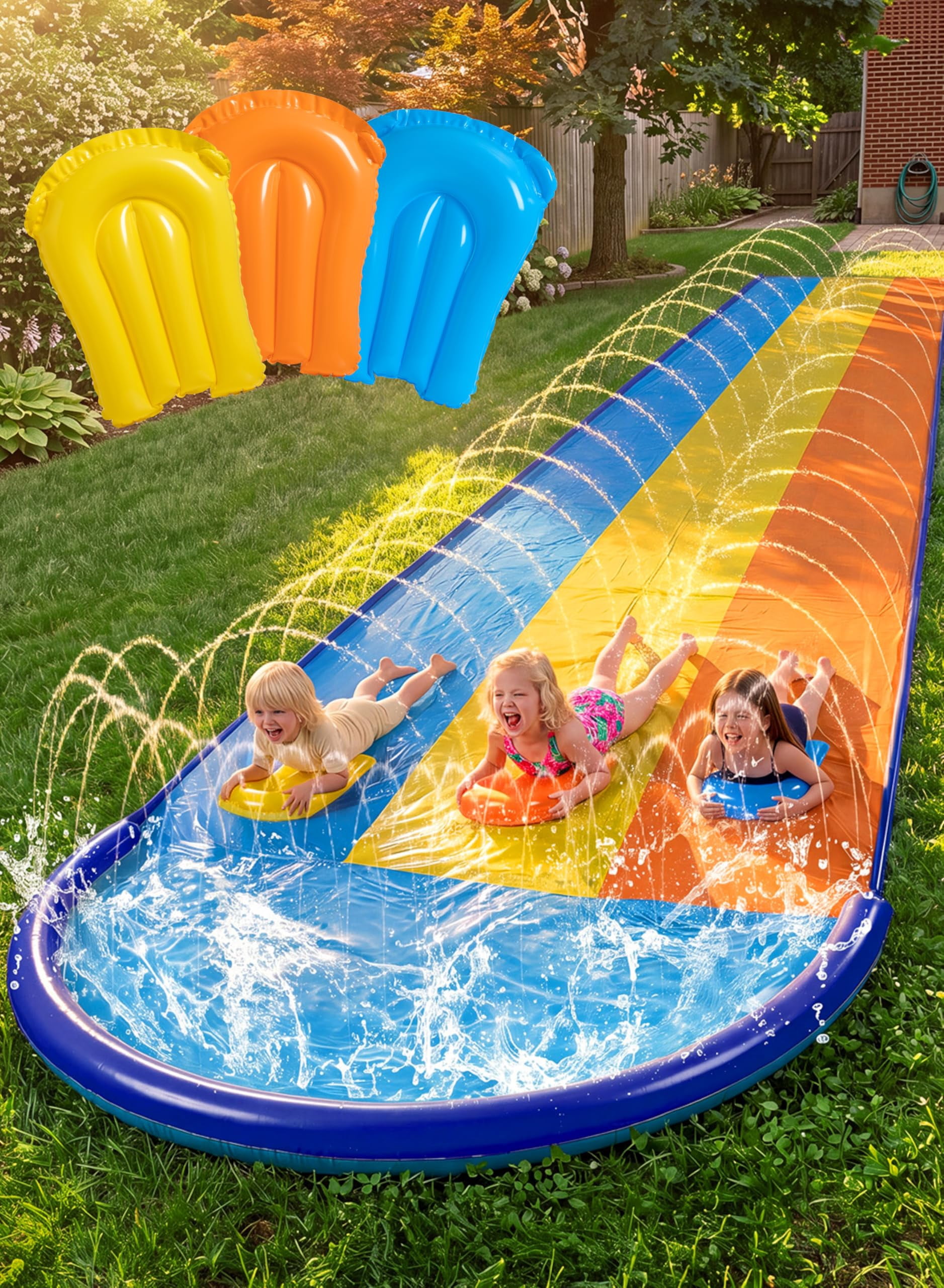 22.5FT Triple Water Slide with Bodyboards, Built-in Sprinkler Backyard Summer Fun