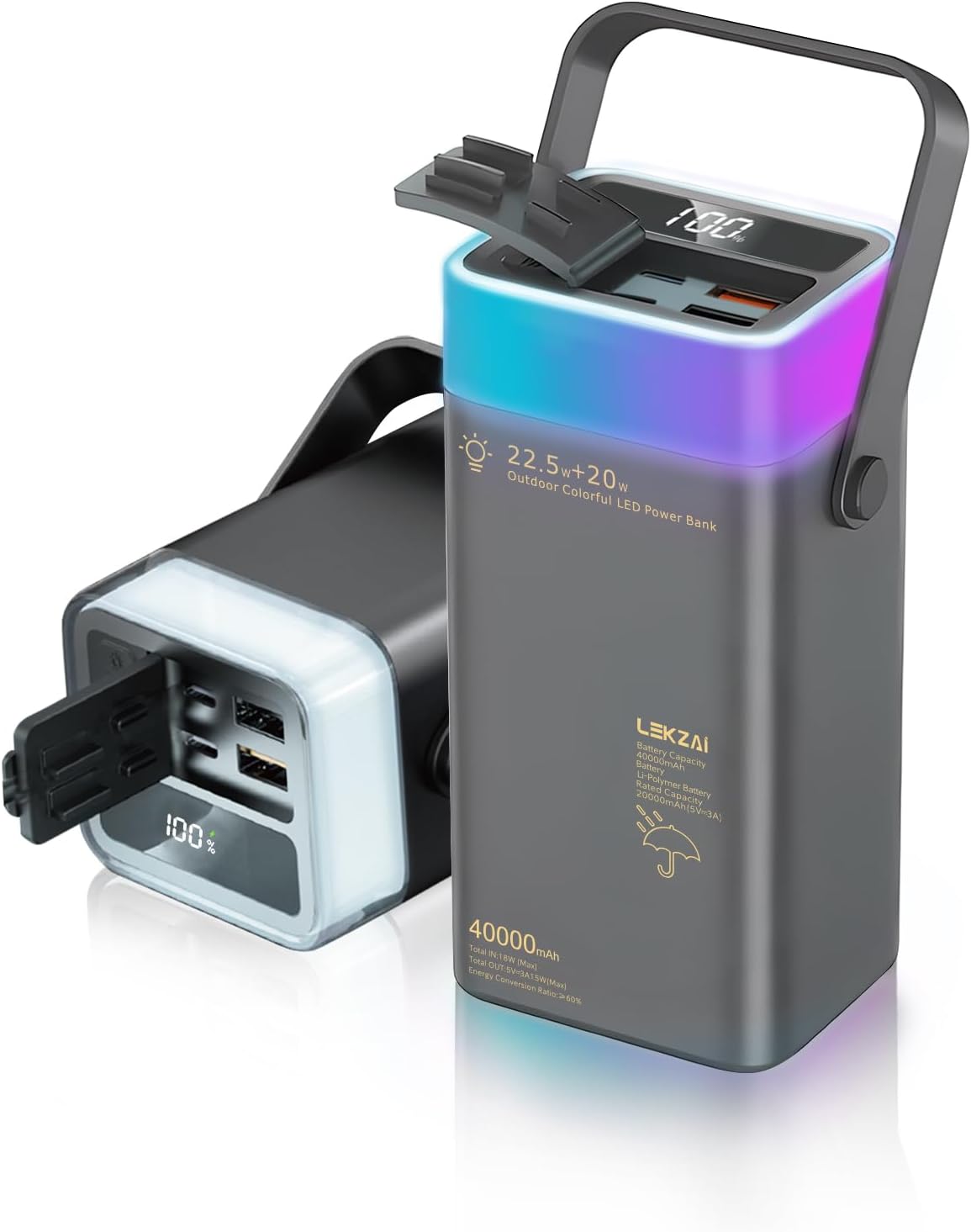 22.5W+20W Power Bank PD, Dynamic RGB Lights Fast Charging Portable Charger 40,000mAh LED Display for Outdoor Camping,
