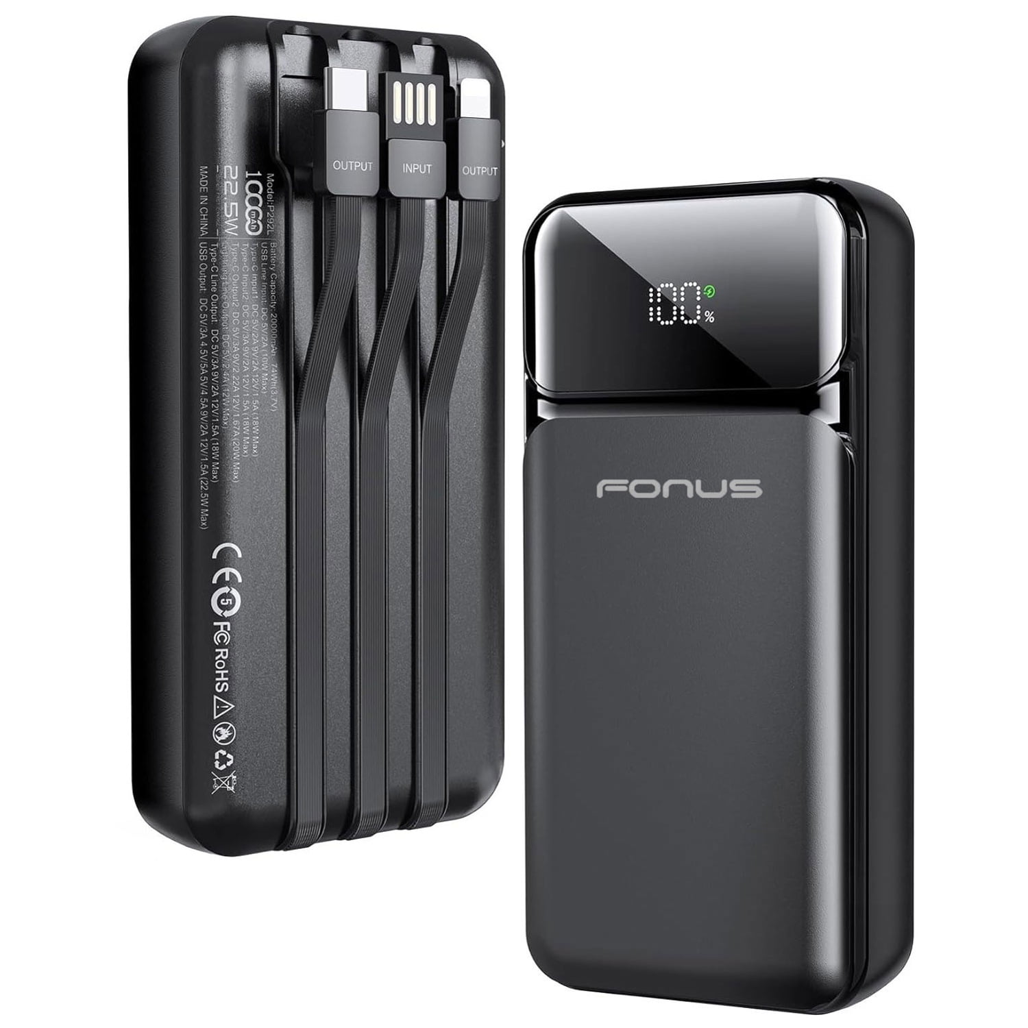 22.5W PD Fast Charge 10000mAh Power Bank for Nokia G100/G300/G310 5G - Backup Battery Portable Charger Built-in Cable LED Display 1-Port USB