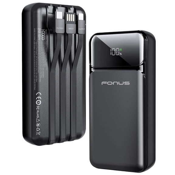 22.5W PD Fast Charge 10000mAh Power Bank for Nokia G100/G300/G310 5G - Backup Battery Portable Charger Built-in Cable LED Display 1-Port USB