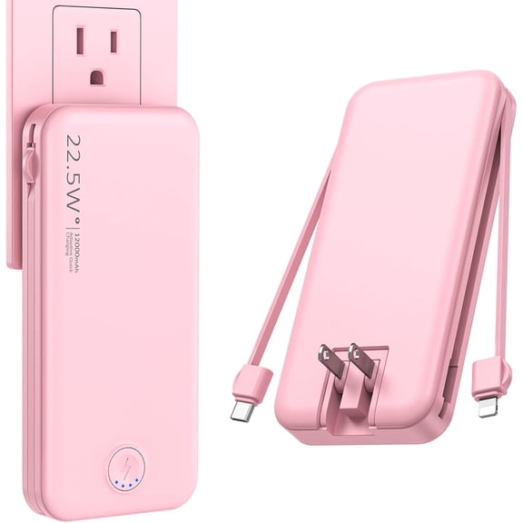 22.5W Super Fast Charging Portable Charger with Wall Plug,12000mAh USB-C Power Bank Built-in 2 Cable, Lightweight Phone Travel Battery Pack for All iPhone, Samsung, Tablets